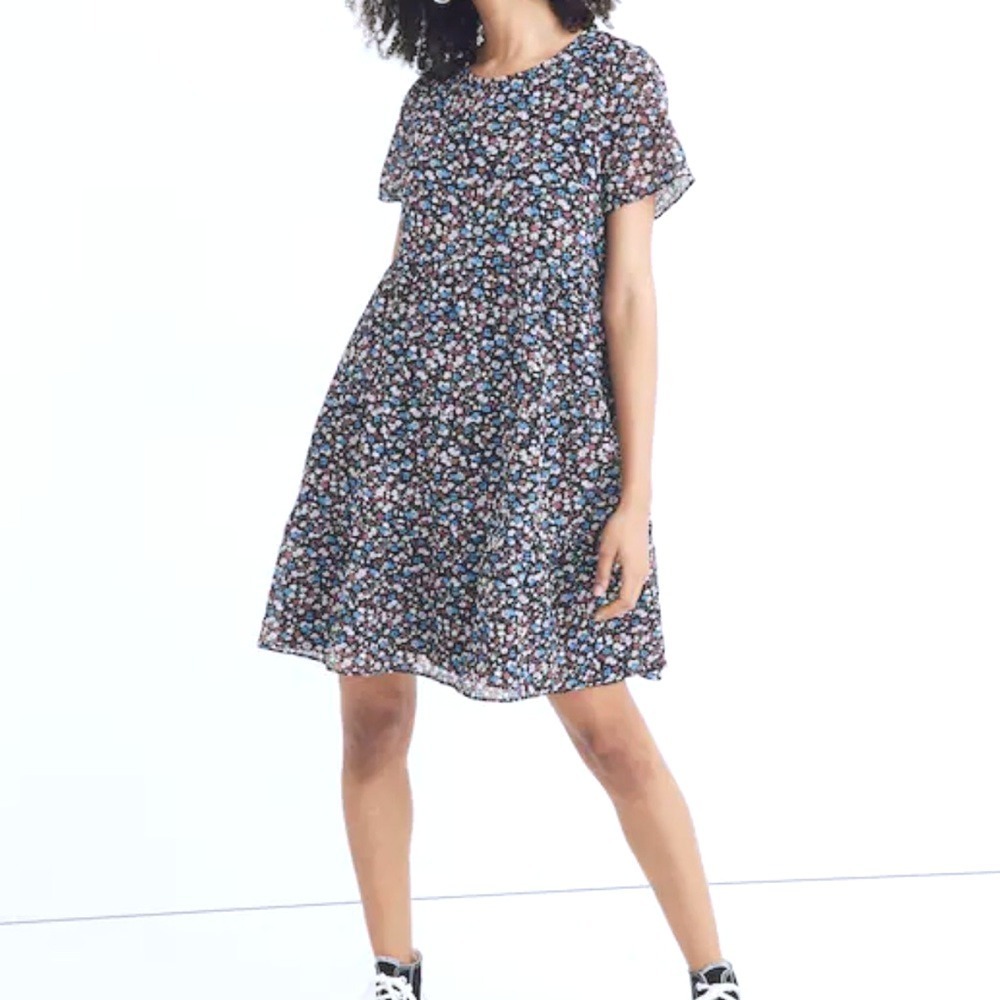Madewell Floral Mini Dress M Medium Tiered Spring Prairie Black Blue 90s Vibes